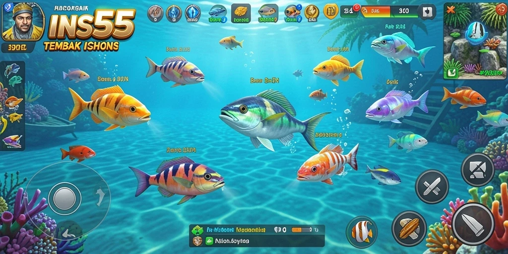Screenshot gameplay <strong>INS55</strong> dengan aksi menembak ikan yang seru.