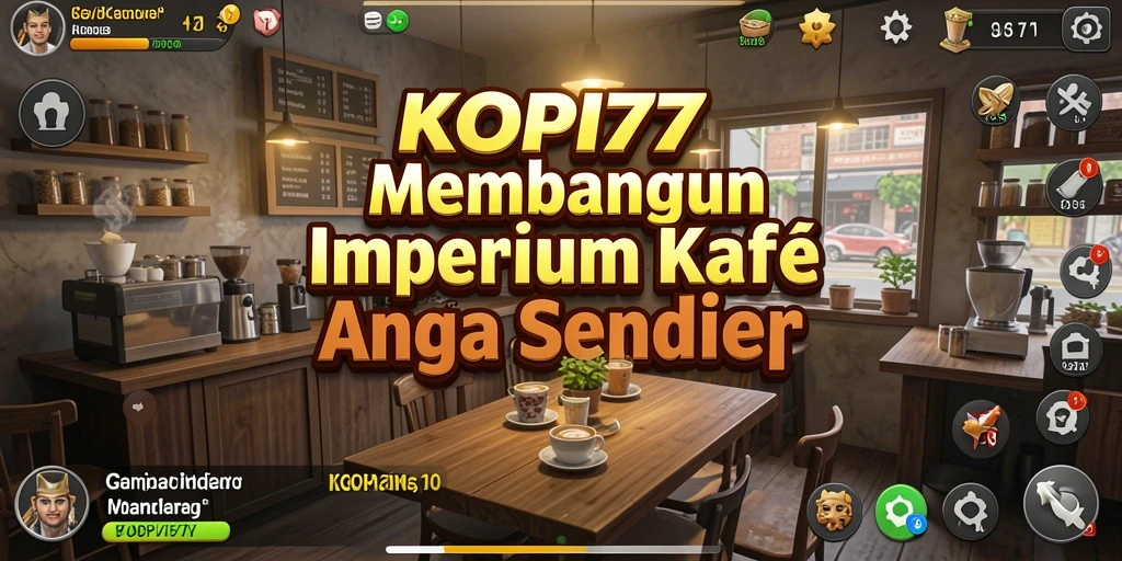 Gameplay KOPI77 yang menarik dengan desain kafe yang penuh warna.