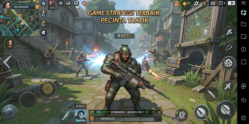 Screenshot menunjukkan gameplay seru dan strategi mendalam di RK55.
