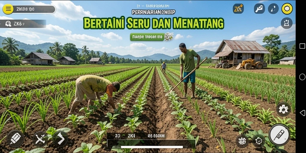 Tampilan gameplay ZK6 menampilkan kebun yang subur dan hewan ternak yang ceria.